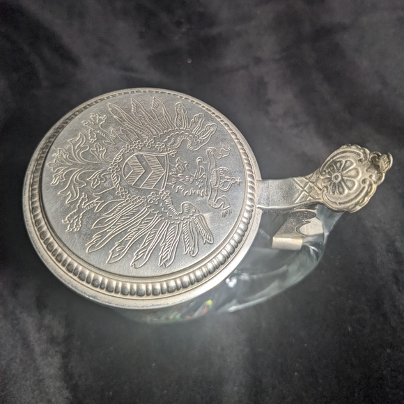 German Beer Stein Vintage Lidded Bird Hunter Forest Flower Butterfly Clear Glass - Picture 11 of 11